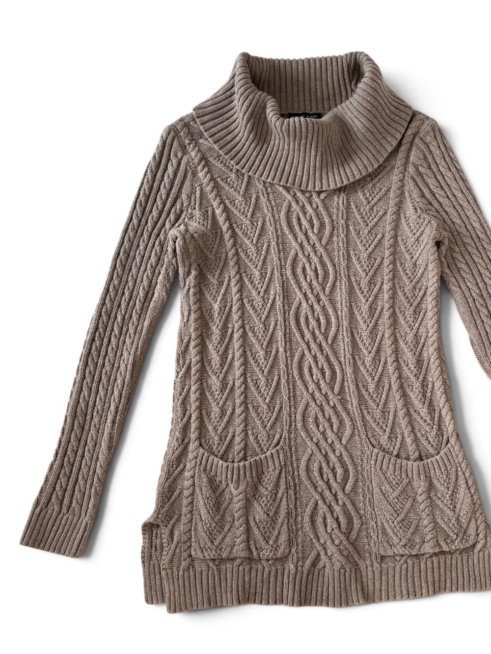Brown Cotton Cable Knit Cowl Neck Sweater Dress